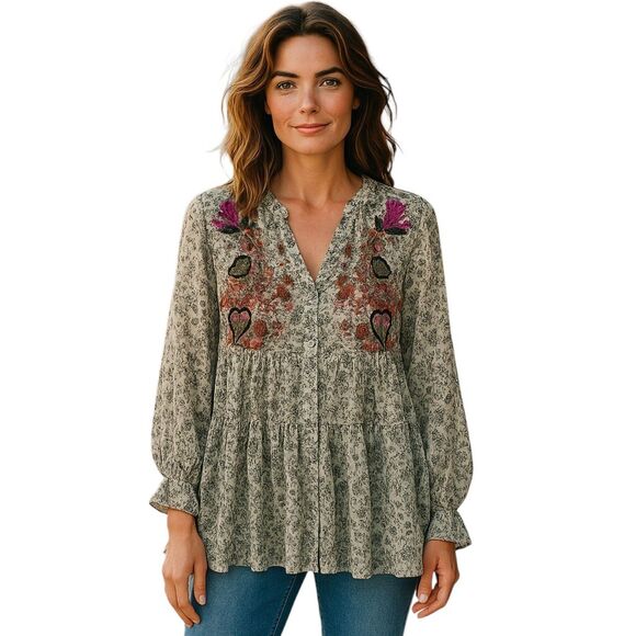 Maeve Black Pink Embroidered Sheer Babydoll Tunic Medium - Picture 1 of 9